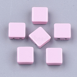 Spray Painted Alloy Multi-Strand Links, For Tile Elastic Bracelets Making, Square, Pink, 8x8x4mm, Hole: 1.2mm(PALLOY-T068-08-11)