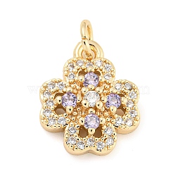 Rack Plating Brass Micro Pave Clear Cubic Zirconia Pendants, Long-Lasting Plated, Lead Free & Cadmium Free, Clover Charm, with Jump Ring, Purple, Real 18K Gold Plated, 15.5x12.5x5mm, Hole: 3.5mm(KK-F089-14G)