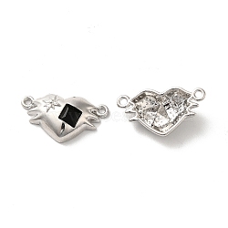 Alloy Connector Charms, Heart Links with Glass, Lead Free & Cadmium Free, Platinum, Black, 12x22x5mm, Hole: 1.4mm(PALLOY-K001-089P-02)