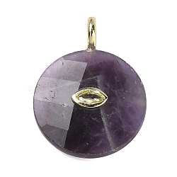Natural Amethyst Faceted Pendants, Flat Round Charms, with Rack Plating Golden Tone Brass Micro Pave Cubic Zirconia Findings, 32.5~33x25~25.5x7~7.5mm, Hole: 4mm(G-A287-02G-11)