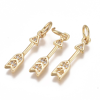 20Pcs Brass Micro Pave Cubic Zirconia Pendants, with Jump Ring, Long-Lasting Plated, Arrow, Clear, Real 18K Gold Plated, 17x3x1mm, Hole: 3mm