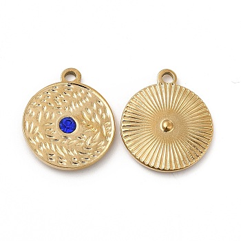 Vacuum Plating 201 Stainless Steel with Rhinestone Pendants, Flat Round Charms, Real 18K Gold Plated, 20x17x3mm, Hole: 2mm