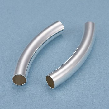 Brass Tube Beads, Long-Lasting Plated, Curved Beads, Tube, 925 Sterling Silver Plated, 43x7mm, Hole: 6mm