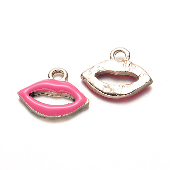 Nickel Free & Lead Free Light Gold Plated Lip Alloy Enamel Charms, Makeup Charms, Long-Lasting Plated, Hot Pink, 14x16x2mm, Hole: 2mm