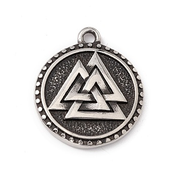 304 Stainless Steel Pendants, Viking Valknut Symbol, Flat Round with Triangle, Antique Silver, 25x21x3mm, Hole: 2mm
