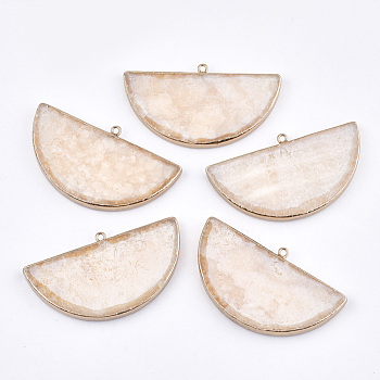 Electroplate Natural Topaz Jade Big Pendants, with Iron Findings, Semicircle, Golden, 34~35x60~62x4~5mm, Hole: 2mm