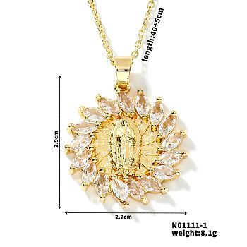 Brass Cubic Zirconia Windmill Design Virgin Mary Pendant Exquisite Necklaces, Golden, Clear, 15.75 inch(40cm)