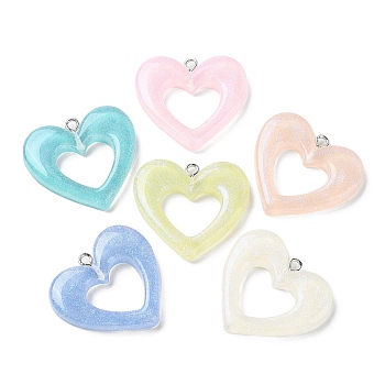 Translucent Resin Hollow Pendants, Glitter Heart Charms with Platinum Plated Iron Loops, Mixed Color, 27x30x5mm, Hole: 1.8mm