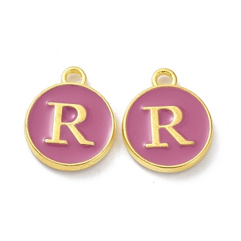 Golden Plated Alloy Enamel Charms, Cadmium Free & Lead Free, Enamelled Sequins, Flamingo, Flat Round with Letter, Letter.R, 14x12x2mm, Hole: 1.4mm