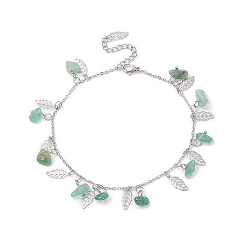 Natural Green Aventurine Chips & Leaf Charms Anklet, 304 Stainless Steel Jewelry for Women, 9~9-1/8 inch(22.8~23cm)