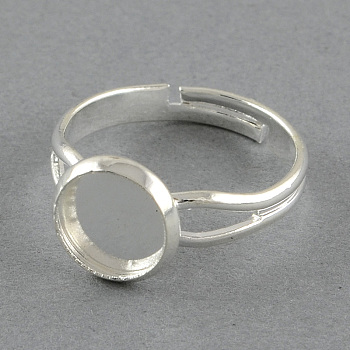 Adjustable Brass Pad Ring Settings, Flat Round, Silver Color Plated, 17mm, flat round: 13mm, Tray: 12mm