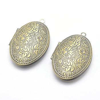 Brass Locket Pendants, Photo Frame Charms for Necklaces, Cadmium Free & Nickel Free & Lead Free, Oval, Brushed Antique Bronze, 42x27x9mm, Hole: 2mm, Inner Size: 18x28mm