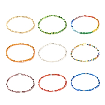 9Pcs 9 Color Glass Seed Beaded Stretch Anklets Set, Stackable Anklets for Women, Mixed Color, Inner Diameter: 2-5/8 inch(6.8cm), 1Pc/color
