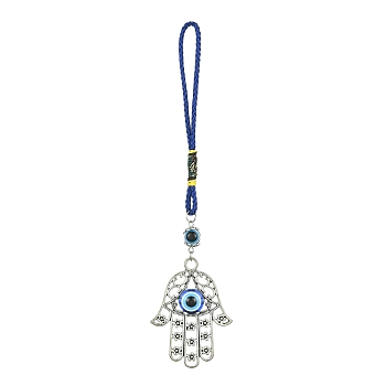 Alloy with Resin Evil Eye Pendant Decoration, with Polyester Braided Rope, Hamsa Hand, 166mm