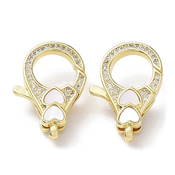 Rack Plating Brass Micro Pave Clear Cubic Zirconia Lobster Claw Clasps, with Natural Shell, Cadmium Free & Lead Free, Long-Lasting Plated, Real 18K Gold Plated, Heart, 22x15x5.5mm, Hole: 3x1.5mm