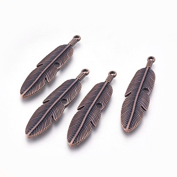 Tibetan Style Alloy Feather Big Pendants, Cadmium Free & Nickel Free & Lead Free, Red Copper, 61x15x3mm, Hole: 2mm