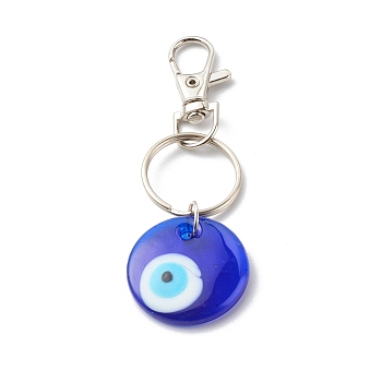 Handmade Lampwork Evil Eye Keychain, with Platinum Alloy Split Key Rings, Flat Round, Blue, 9cm