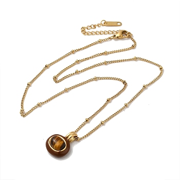 Natural Tiger Eye Enamel Oval Pendant Necklace, with Real 18K Gold Plated Titanium Steel Satellite Chains, 16.54 inch(42cm)