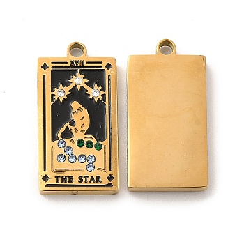 304 Stainless Steel Pendants, with Enamel and Rhinestone, Golden, Rectangle with Tarot Pattern, The Star XVII, Black, 21x10.5x2mm, Hole: 1.5mm