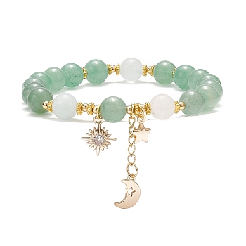 Natural Green Aventurine & Imitation Morganite Quartz Beaded Bracelets, Brass Star & Moon & Sun Pendant Bracelet for Women, Inner Diameter: 2-1/8 inch(5.4cm)
