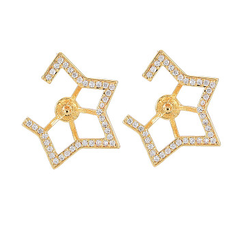Brass Micro Pave Clear Cubic Zirconia Stud Earring Findings, for Half Drilled Beads, Nickel Free, Star, Real 18K Gold Plated, 18x17mm, Pin: 0.6mm, pin: 0.8mm(for half drilled beads)