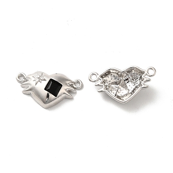 Alloy Connector Charms, Heart Links with Glass, Lead Free & Cadmium Free, Platinum, Black, 12x22x5mm, Hole: 1.4mm