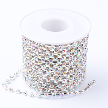 Brass Rhinestone Strass Chains, with Spool, Rhinestone Cup Chains, Silver Color Plated, Crystal AB, 2.3~2.4mm, about 10yards/roll