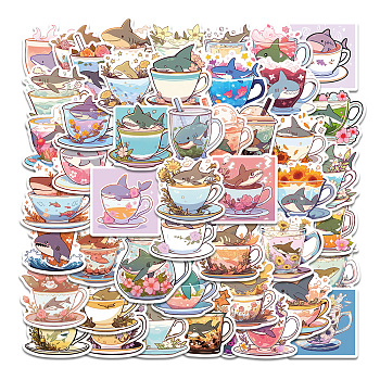 50Pcs Cup with Shark PVC Waterproof Self-Adhesive Stickers, Cartoon Stickers, for Party Decorative Presents, Mixed Color, 40~60mm