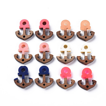 Opaque Resin & Walnut Wood Links Connectors, Two Tone, Anchor, Mixed Color, 18x15x3.5mm, Hole: 1.5mm and 3mm