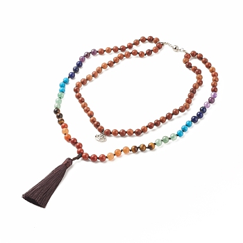 Round Wood & Mixed Gemstone Beaded Double Layer Necklace with Brass Magnetic Claslp, Alloy Lotus & Polyester Tassel Pendants Necklace for Women, Colorful, 41.34 inch(105cm)