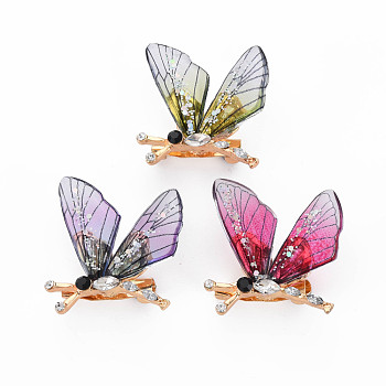 Bling Butterfly Resin Brooch, Animal Rhinestone Lapel Pin for Backpack Clothes, Light Gold, Nickel Free & Lead Free, Mixed Color, 30x28x13mm, Pin: 0.8mm
