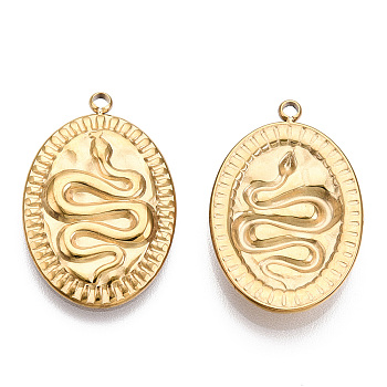 304 Stainless Steel Charms, Oval with Snake Charm, Nickel Free, Real 14K Gold Plated, 23x15x2.5mm, Hole: 1.5mm
