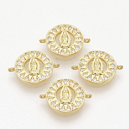 Brass Micro Pave Clear Cubic Zirconia Links connectors, Flat Round with Virgin Mary, Golden, 13x18x2.5mm, Hole: 1mm(ZIRC-T012-63G)
