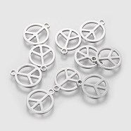 304 Stainless Steel Charms, Flat Round with Peace Sign, Stainless Steel Color, 14x12x1mm, Hole: 1.5mm(STAS-Q201-T062)