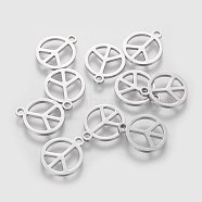 Non-Tarnish 304 Stainless Steel Charms, Flat Round with Peace Sign, Stainless Steel Color, 14x12x1mm, Hole: 1.5mm(STAS-Q201-T062)