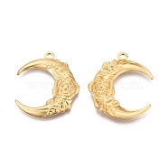Ion Plating(IP) 201 Stainless Steel Pendants, Moon with Flower, Real 18K Gold Plated, 30x26.5x3mm, Hole: 2mm(STAS-N098-066LG)