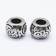 304 Stainless Steel Beads, Large Hole Beads, Rondelle with Flower, Antique Silver, 12x9mm, Hole: 5.5mm(STAS-O102-19AS)