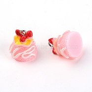 Resin Pendants, with Platinum Iron Loop, Cake with Strawberry, Pink, 19x16mm, Hole: 2mm(RESI-TAC0009-10B)