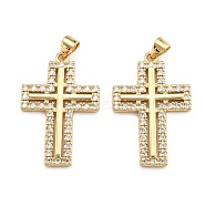 Brass Micro Pave Clear Cubic Zirconia Pendants, Long-Lasting Plated, Cross, Real 18K Gold Plated, 29x18.5x1.3mm, Hole: 2.5x3mm(ZIRC-J025-33G)