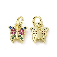 Brass Micro Pave Colorful Cubic Zirconia Charms, with Jump Ring, Butterfly Charm, Real 18K Gold Plated, 9x7.5x2mm, Hole: 3.2mm(KK-E068-VF102)
