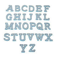 Alphabet Resin Rhinestone Patches, Iron/Sew on Appliques, Costume Accessories, for Clothes, Bag Pants, Sky Blue, 43.5~50x20~51x3mm(DIY-TAC0005-45F)