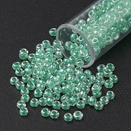 11/0 Grade A Round Glass Seed Beads, Transparent Inside Colours, Luster Plated, Aquamarine, 2.3x1.5mm, Hole: 1mm, about 48500pcs/pound(SEED-N001-F-259)