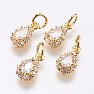 Brass Micro Pave Cubic Zirconia Charms, Cadmium Free & Lead Free, teardrop, Real 18K Gold Plated, 11x6x3.5mm, Hole: 3mm(RB-I077-15G-RS)