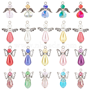 60Pcs 4 Style Electroplate Glass Pendants, with Wing Alloy Beads and Iron Findings, with ABS Plastic & Acrylic Imitation Pearl Beads, Angel, Mixed Color, 22~33x18~23.5x6~10mm, Hole: 2~3mm, 15pcs/style(FIND-SC0004-05)