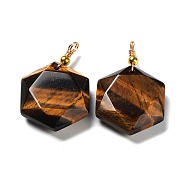 Natural Tiger Eye Pendants, with Rack Plating Golden Tone Brass Loops, Faceted Star, 39~40x25x8.5~10mm, Hole: 3mm(G-F757-A11)