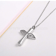 Cross and Wings Urn Ashes Pendant Necklace, 316L Stainless Steel Memorial Jewelry for Women, Silver, 19.69 inch(50cm)(BOTT-PW0001-024A-S)