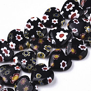 Handmade Millefiori Lampwork Beads Strands, Heart, Black, 11~12x12x4~5mm, Hole: 1mm, about 32~33pcs/strand, 12.72 inch~13.78 inch(32.3~35cm)(X-LAMP-N023-001B)