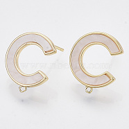 Brass Stud Earring Findings, with Shell and Loop, Nickel Free, Letter C, Creamy White, Real 18K Gold Plated, 16.5x14mm, Hole: 0.9mm, Pin: 0.8mm(KK-T054-47G-NF)