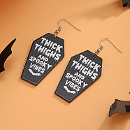 Halloween Cartoon Acrylic Word Dangle Earrings for Women, Daily Wear Jewelry, Platinum, Black, 70x30mm(QK1762-2)