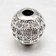 Round Brass Micro Pave Cubic Zirconia Beads, Clear, Platinum, 8mm, Hole: 2mm(X-ZIRC-N016-01P-8mm)